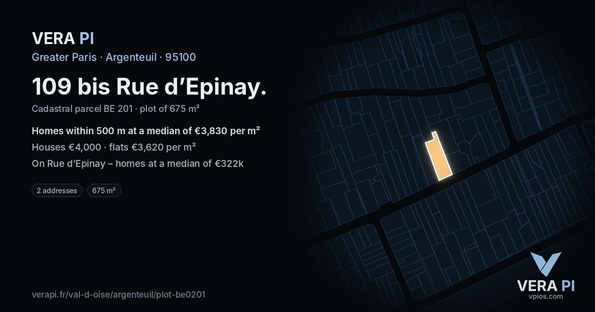 109 bis Rue d’Epinay, Argenteuil at night – the plot lit, the parcels around coloured by the prices near them