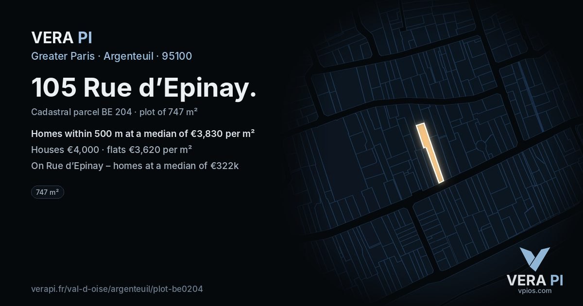 105 Rue d’Epinay, Argenteuil at night – the plot lit, the parcels around coloured by the prices near them
