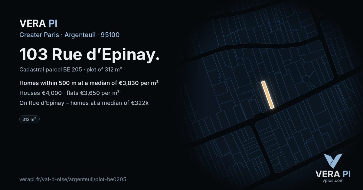 103 Rue d’Epinay, Argenteuil at night – the plot lit, the parcels around coloured by the prices near them
