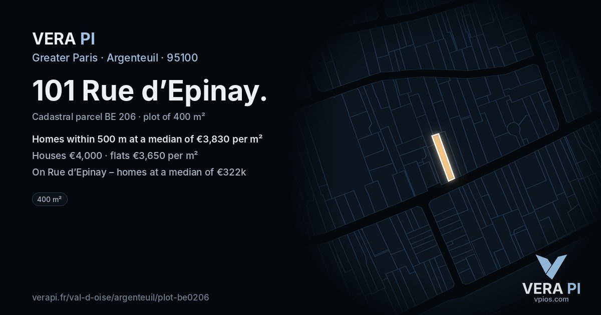 101 Rue d’Epinay, Argenteuil at night – the plot lit, the parcels around coloured by the prices near them