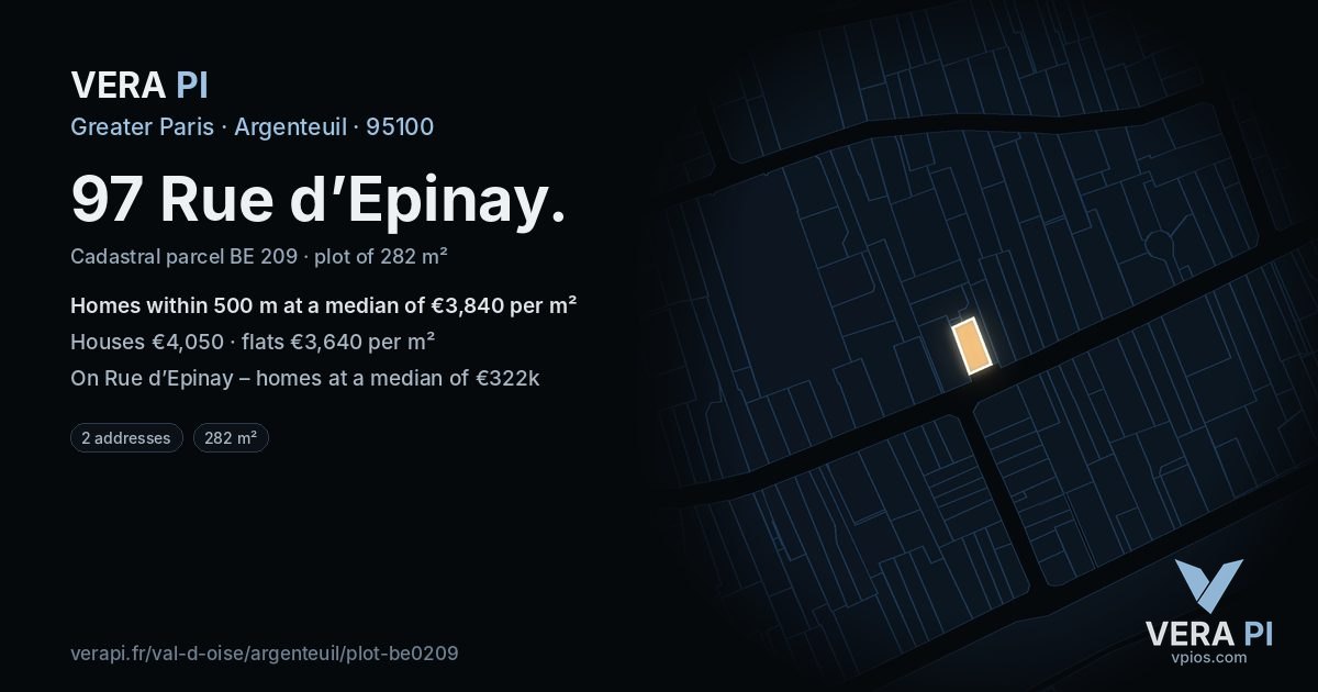 97 Rue d’Epinay, Argenteuil at night – the plot lit, the parcels around coloured by the prices near them