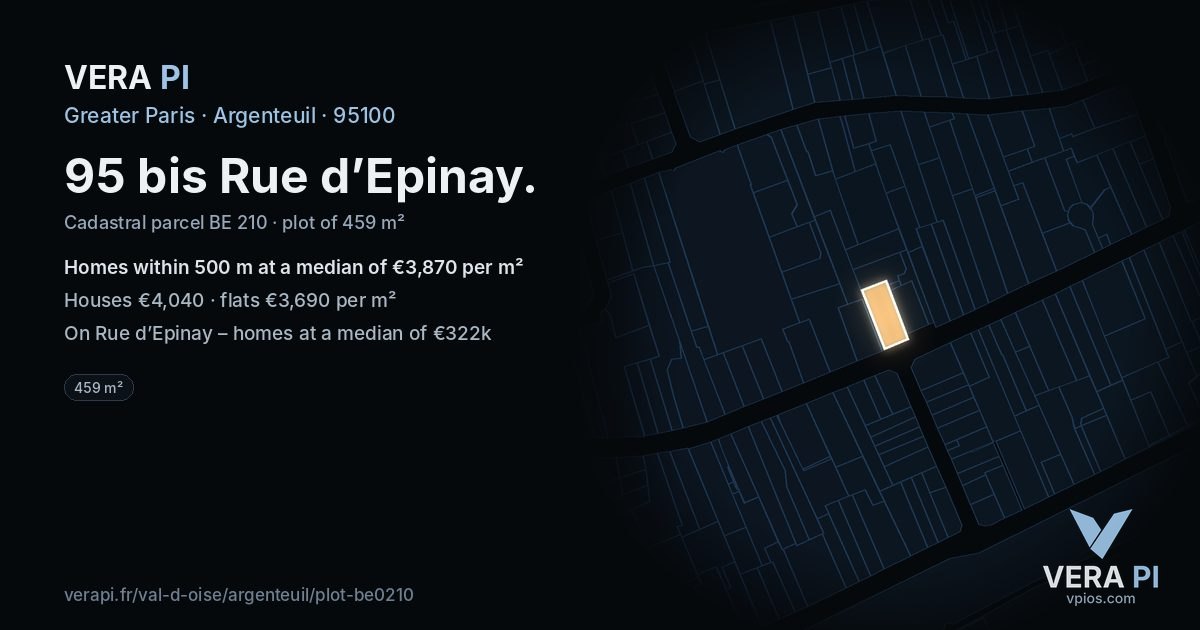 95 bis Rue d’Epinay, Argenteuil at night – the plot lit, the parcels around coloured by the prices near them
