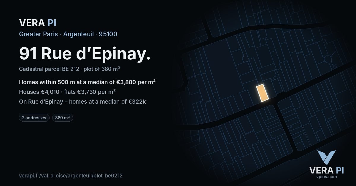 91 Rue d’Epinay, Argenteuil at night – the plot lit, the parcels around coloured by the prices near them