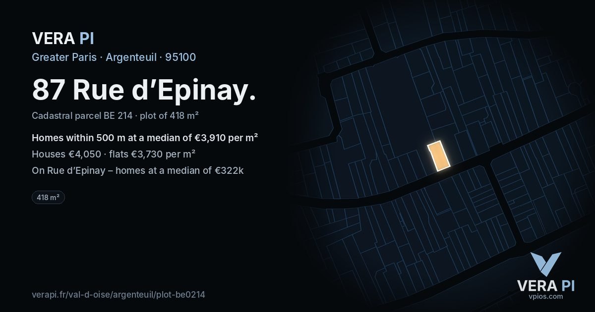 87 Rue d’Epinay, Argenteuil at night – the plot lit, the parcels around coloured by the prices near them