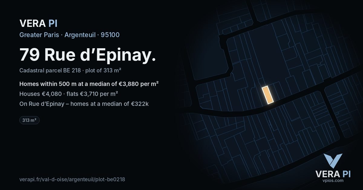 79 Rue d’Epinay, Argenteuil at night – the plot lit, the parcels around coloured by the prices near them