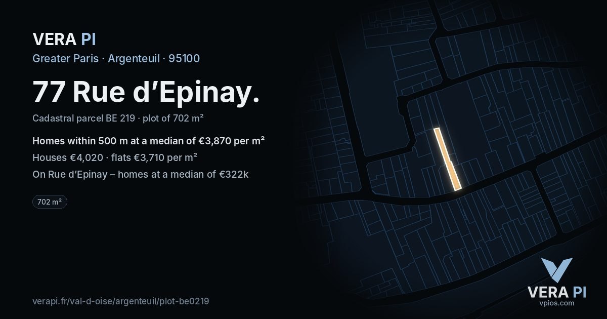 77 Rue d’Epinay, Argenteuil at night – the plot lit, the parcels around coloured by the prices near them