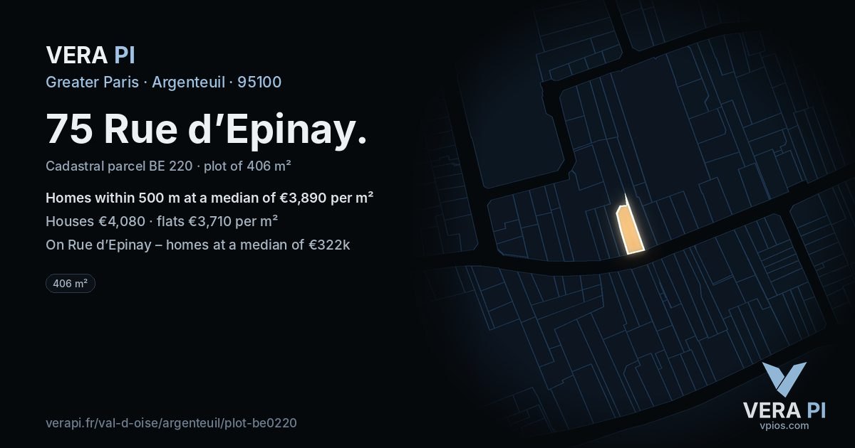 75 Rue d’Epinay, Argenteuil at night – the plot lit, the parcels around coloured by the prices near them