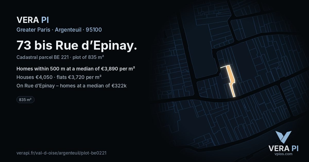 73 bis Rue d’Epinay, Argenteuil at night – the plot lit, the parcels around coloured by the prices near them