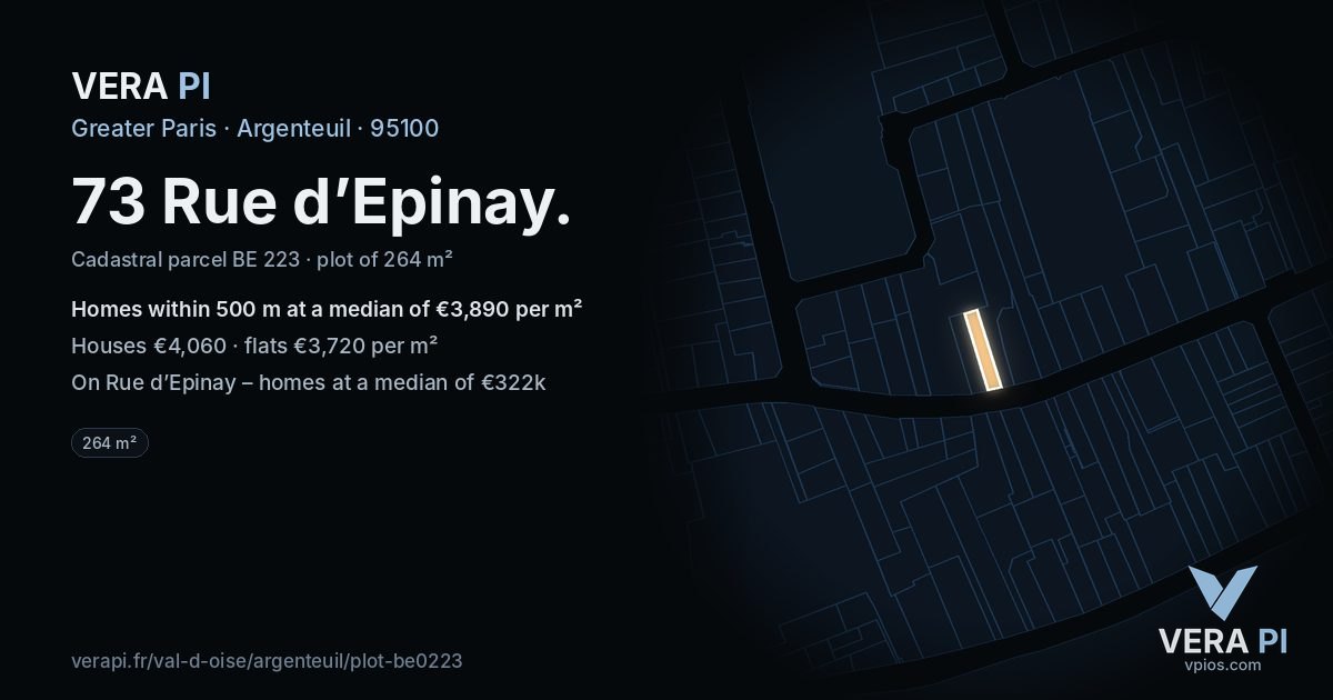 73 Rue d’Epinay, Argenteuil at night – the plot lit, the parcels around coloured by the prices near them