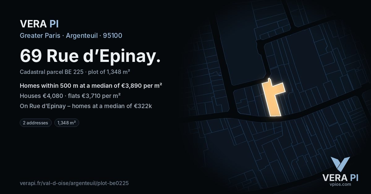 69 Rue d’Epinay, Argenteuil at night – the plot lit, the parcels around coloured by the prices near them