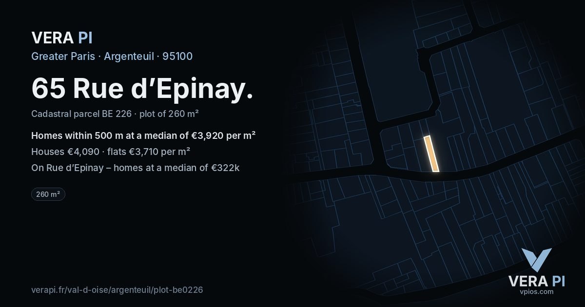 65 Rue d’Epinay, Argenteuil at night – the plot lit, the parcels around coloured by the prices near them
