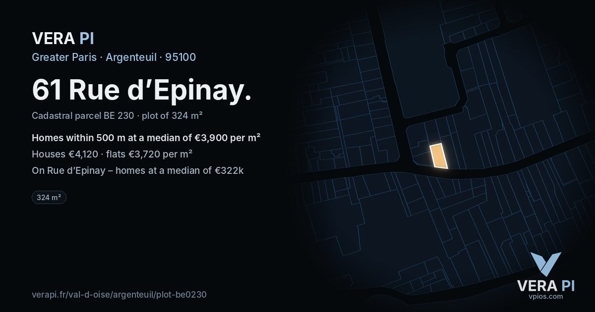 61 Rue d’Epinay, Argenteuil at night – the plot lit, the parcels around coloured by the prices near them