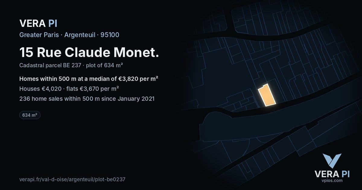 15 Rue Claude Monet, Argenteuil at night – the plot lit, the parcels around coloured by the prices near them