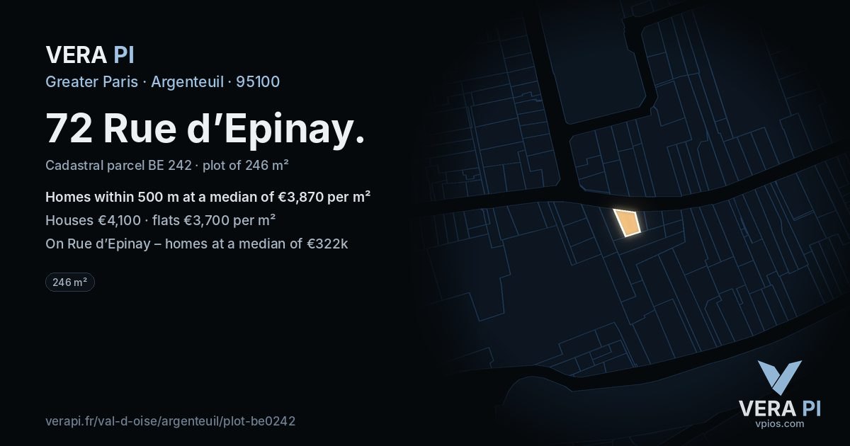 72 Rue d’Epinay, Argenteuil at night – the plot lit, the parcels around coloured by the prices near them