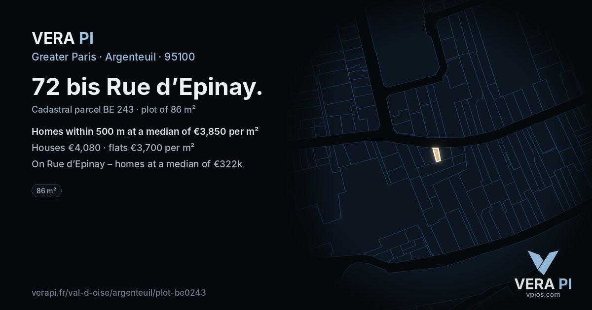 72 bis Rue d’Epinay, Argenteuil at night – the plot lit, the parcels around coloured by the prices near them