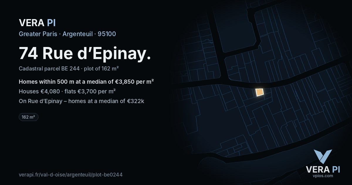 74 Rue d’Epinay, Argenteuil at night – the plot lit, the parcels around coloured by the prices near them