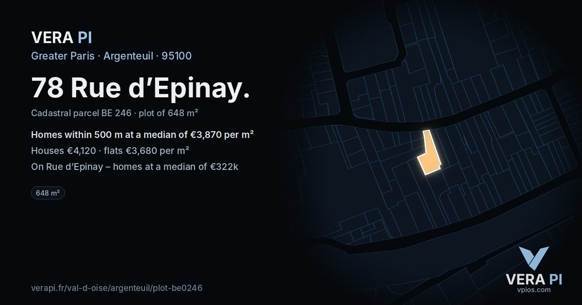 78 Rue d’Epinay, Argenteuil at night – the plot lit, the parcels around coloured by the prices near them
