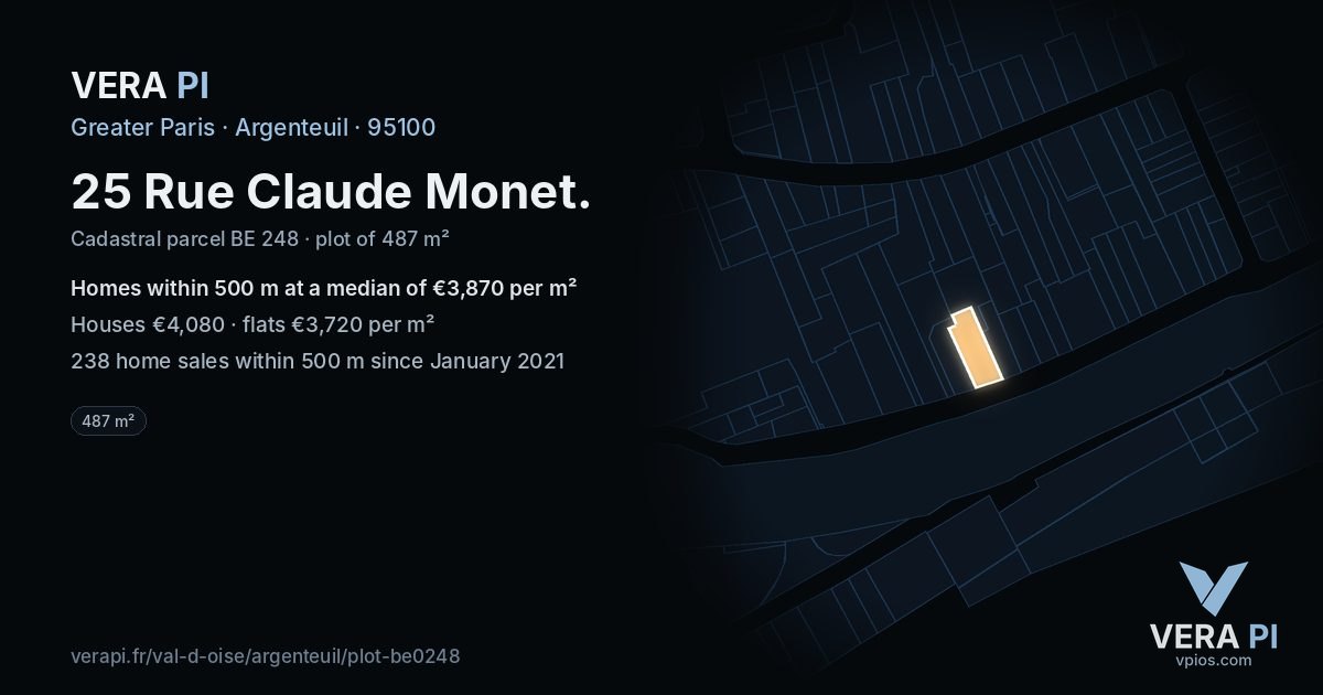 25 Rue Claude Monet, Argenteuil at night – the plot lit, the parcels around coloured by the prices near them