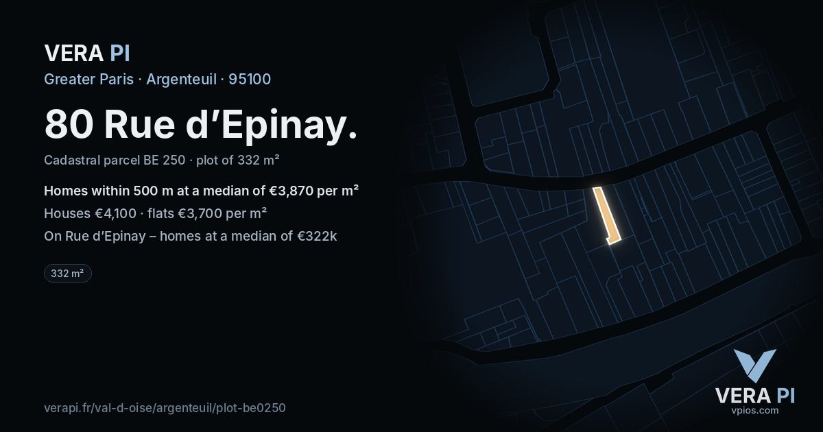 80 Rue d’Epinay, Argenteuil at night – the plot lit, the parcels around coloured by the prices near them