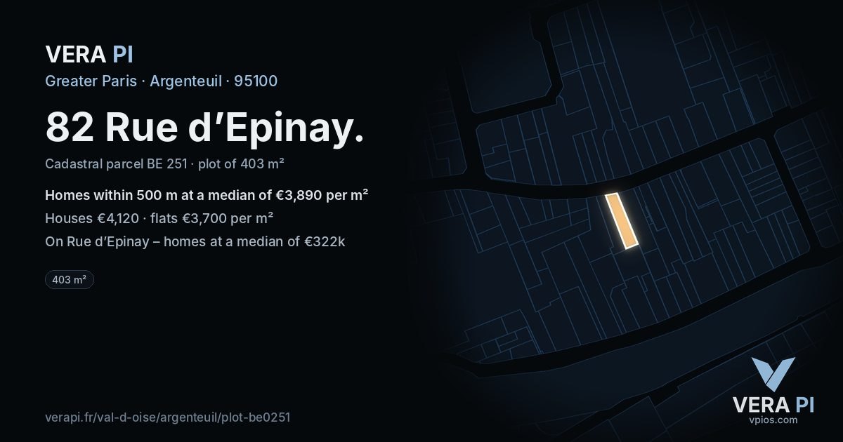 82 Rue d’Epinay, Argenteuil at night – the plot lit, the parcels around coloured by the prices near them