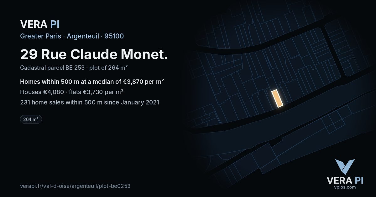 29 Rue Claude Monet, Argenteuil at night – the plot lit, the parcels around coloured by the prices near them