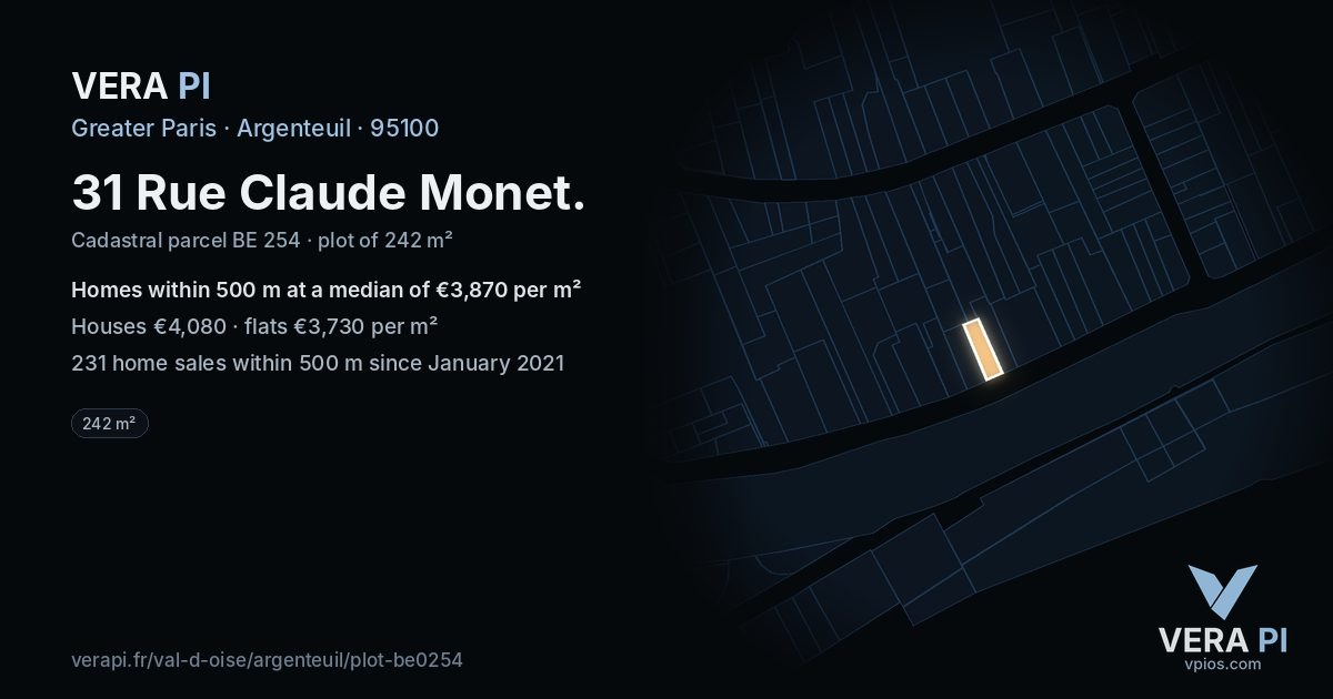 31 Rue Claude Monet, Argenteuil at night – the plot lit, the parcels around coloured by the prices near them