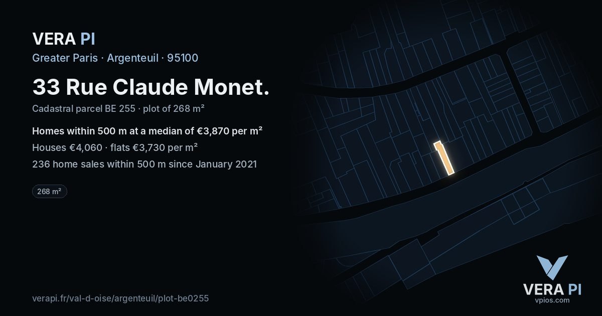 33 Rue Claude Monet, Argenteuil at night – the plot lit, the parcels around coloured by the prices near them