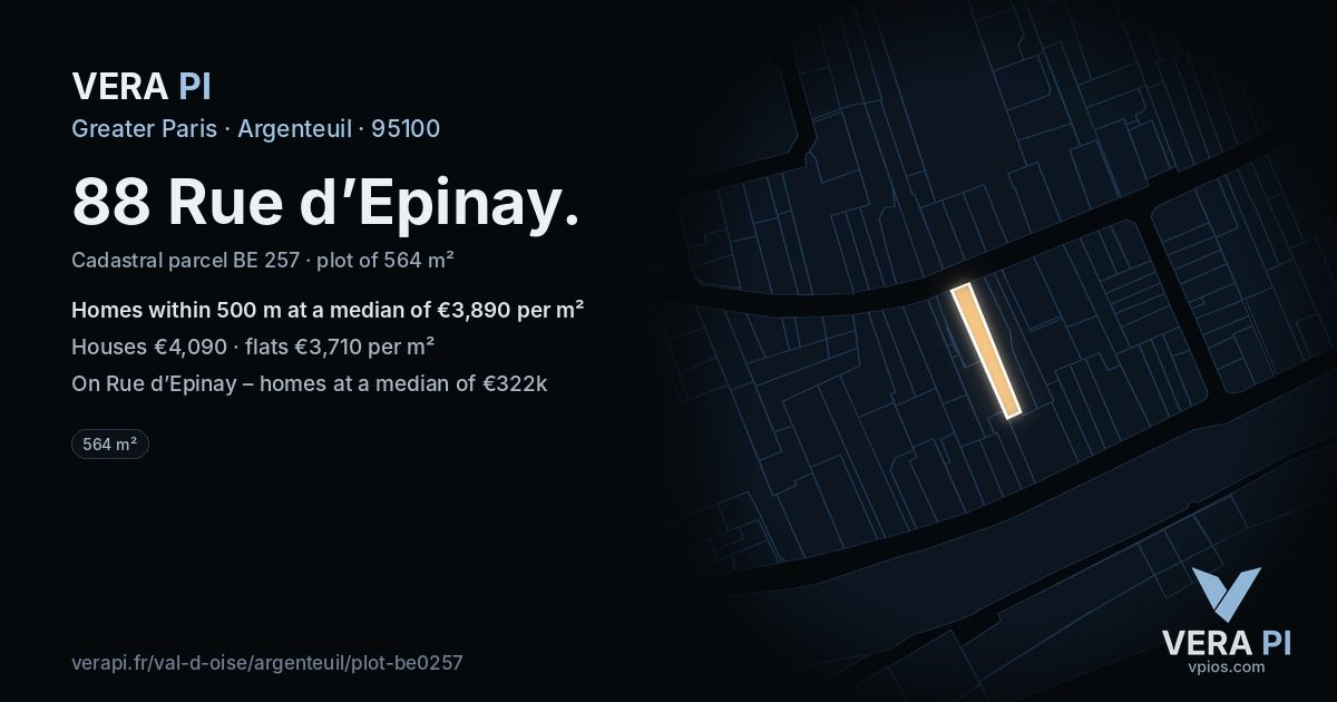 88 Rue d’Epinay, Argenteuil at night – the plot lit, the parcels around coloured by the prices near them