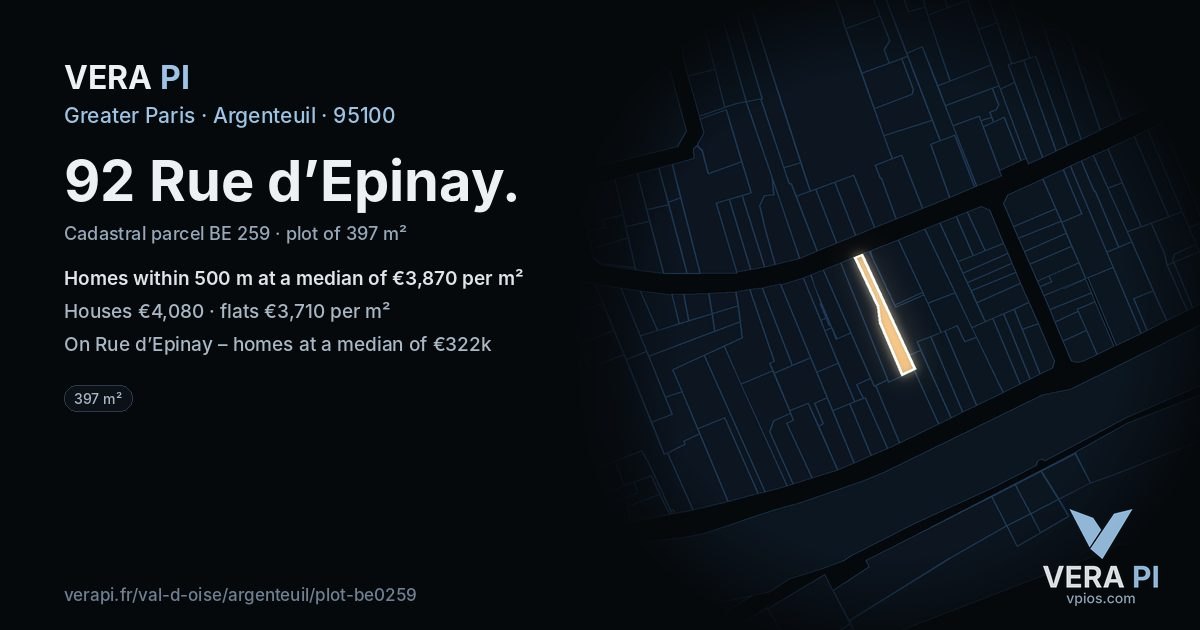92 Rue d’Epinay, Argenteuil at night – the plot lit, the parcels around coloured by the prices near them