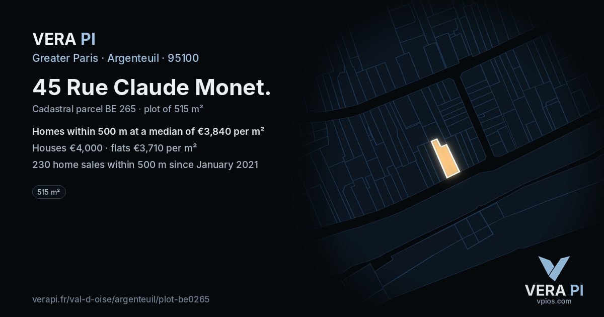 45 Rue Claude Monet, Argenteuil at night – the plot lit, the parcels around coloured by the prices near them