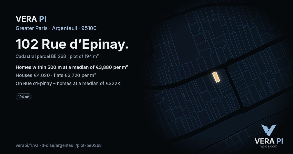 102 Rue d’Epinay, Argenteuil at night – the plot lit, the parcels around coloured by the prices near them