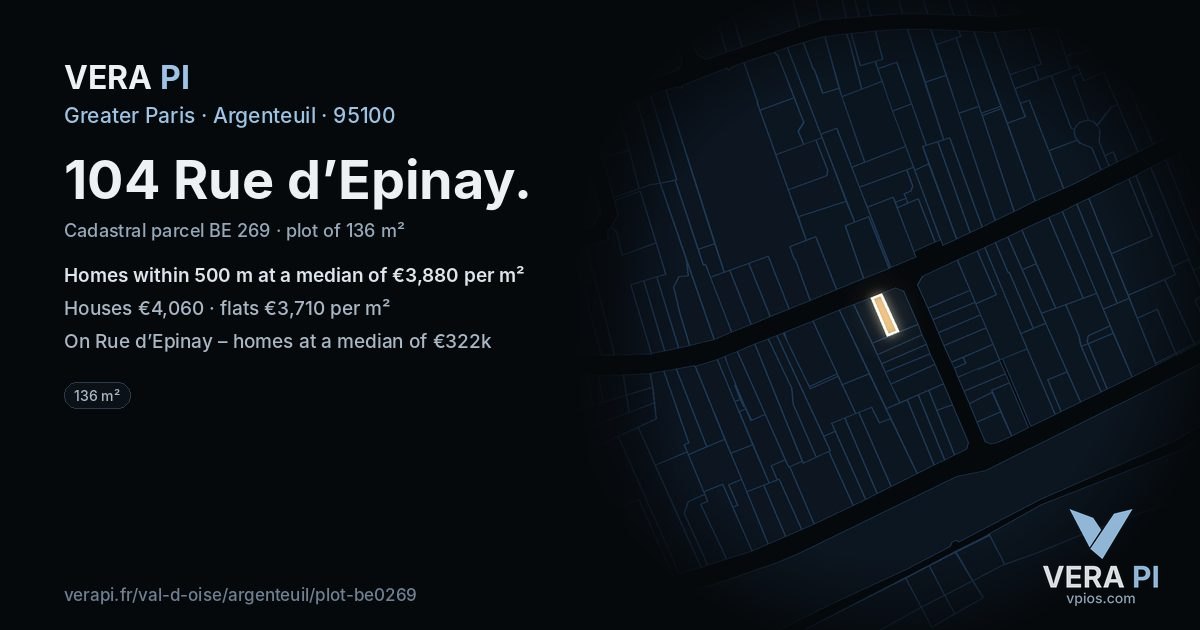 104 Rue d’Epinay, Argenteuil at night – the plot lit, the parcels around coloured by the prices near them