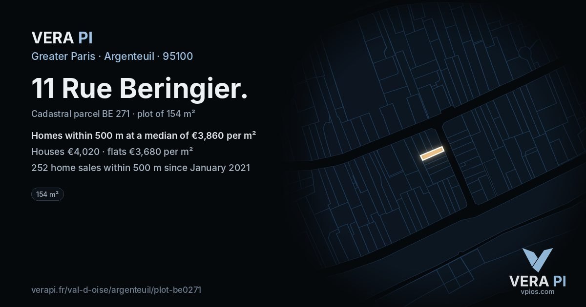 11 Rue Beringier, Argenteuil at night – the plot lit, the parcels around coloured by the prices near them