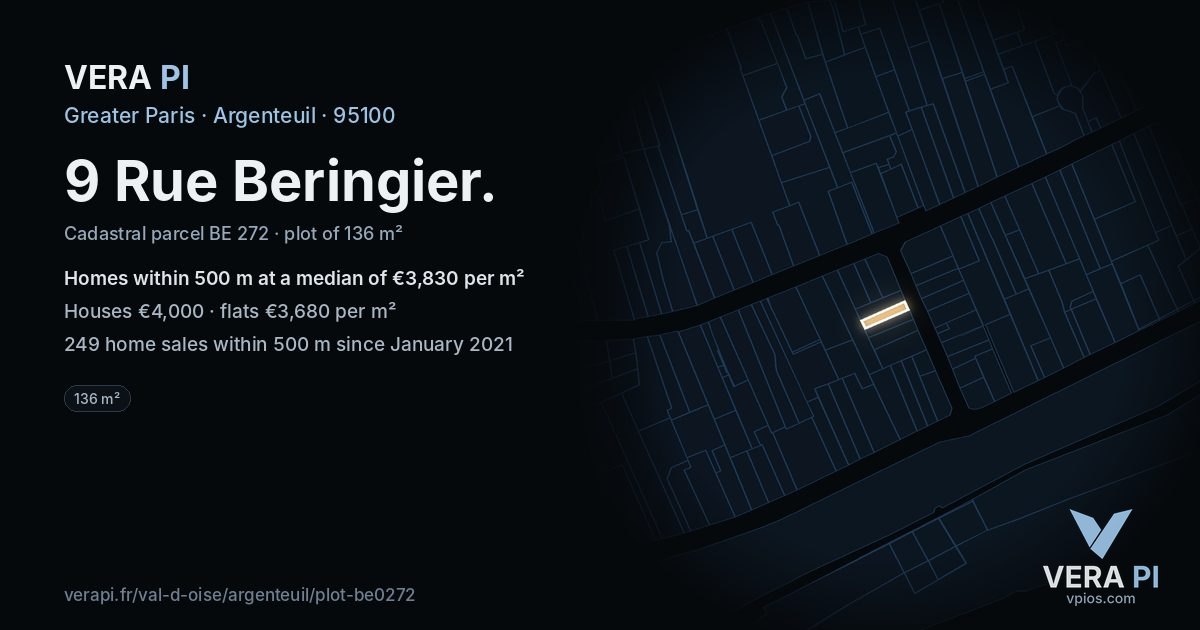 9 Rue Beringier, Argenteuil at night – the plot lit, the parcels around coloured by the prices near them