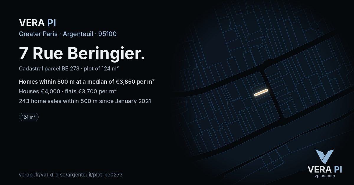 7 Rue Beringier, Argenteuil at night – the plot lit, the parcels around coloured by the prices near them