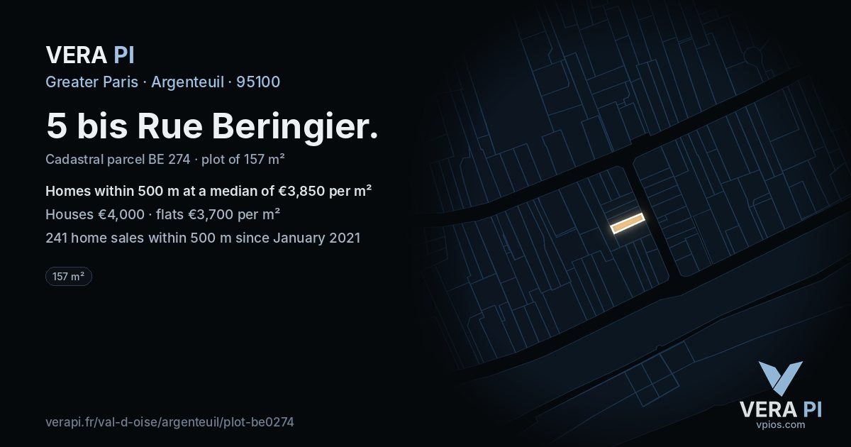 5 bis Rue Beringier, Argenteuil at night – the plot lit, the parcels around coloured by the prices near them