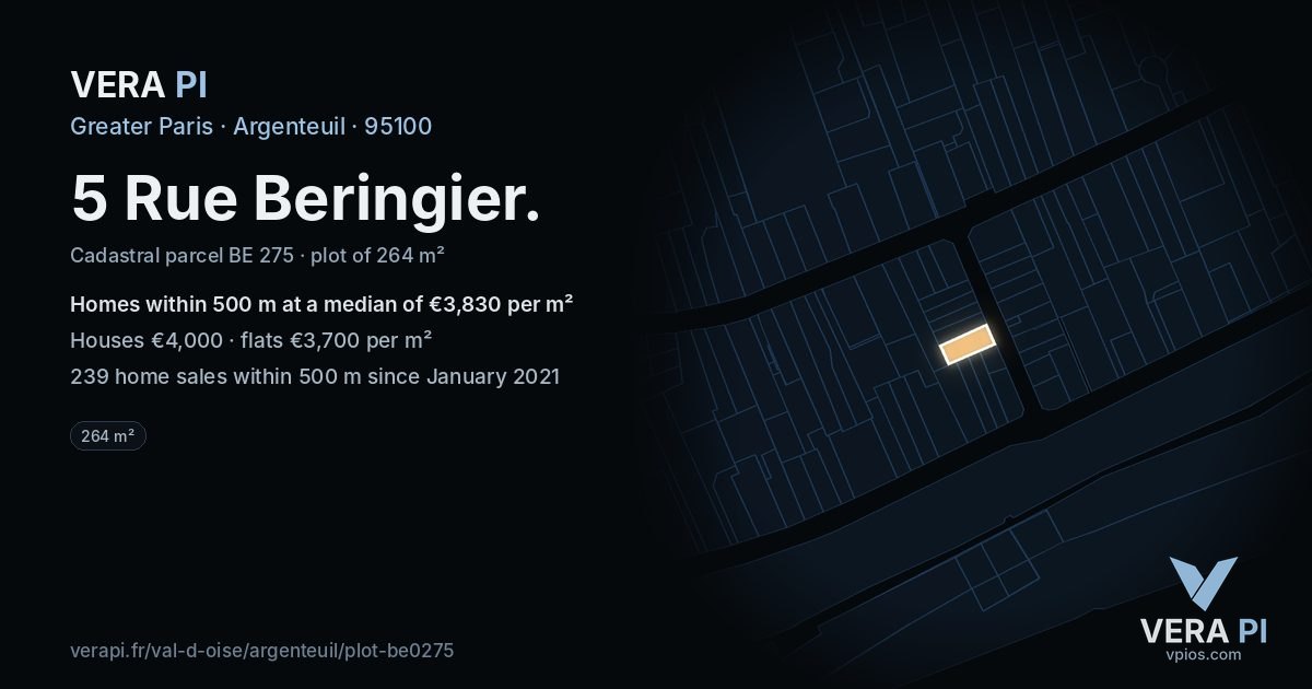 5 Rue Beringier, Argenteuil at night – the plot lit, the parcels around coloured by the prices near them