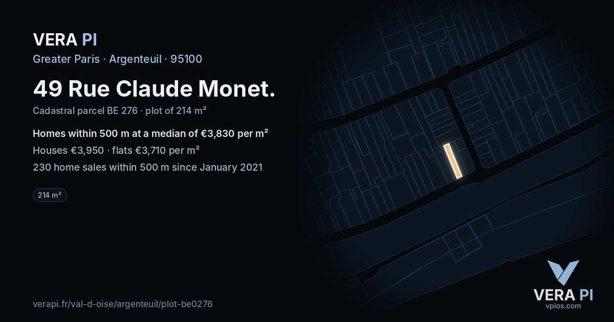 49 Rue Claude Monet, Argenteuil at night – the plot lit, the parcels around coloured by the prices near them