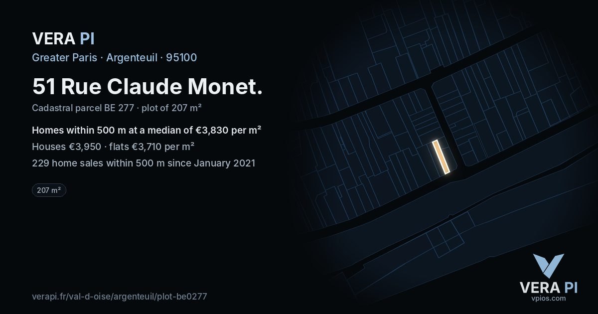51 Rue Claude Monet, Argenteuil at night – the plot lit, the parcels around coloured by the prices near them