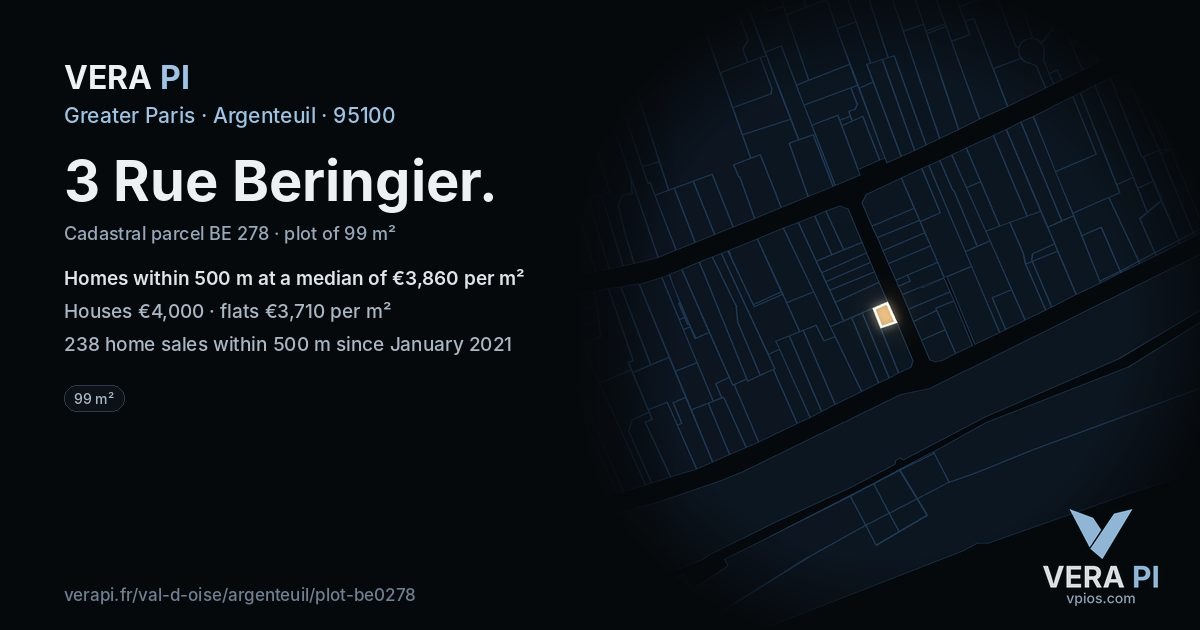 3 Rue Beringier, Argenteuil at night – the plot lit, the parcels around coloured by the prices near them