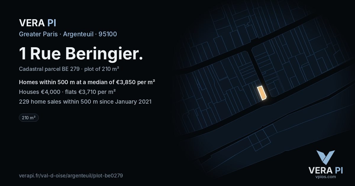 1 Rue Beringier, Argenteuil at night – the plot lit, the parcels around coloured by the prices near them
