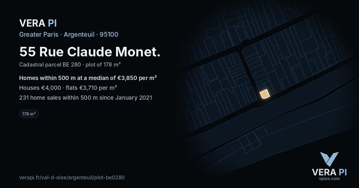 55 Rue Claude Monet, Argenteuil at night – the plot lit, the parcels around coloured by the prices near them