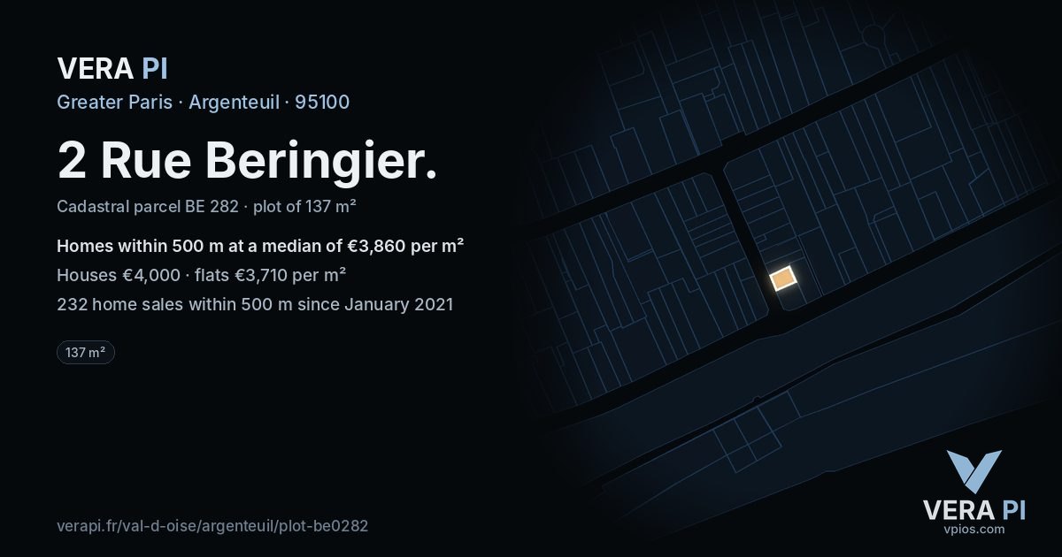 2 Rue Beringier, Argenteuil at night – the plot lit, the parcels around coloured by the prices near them