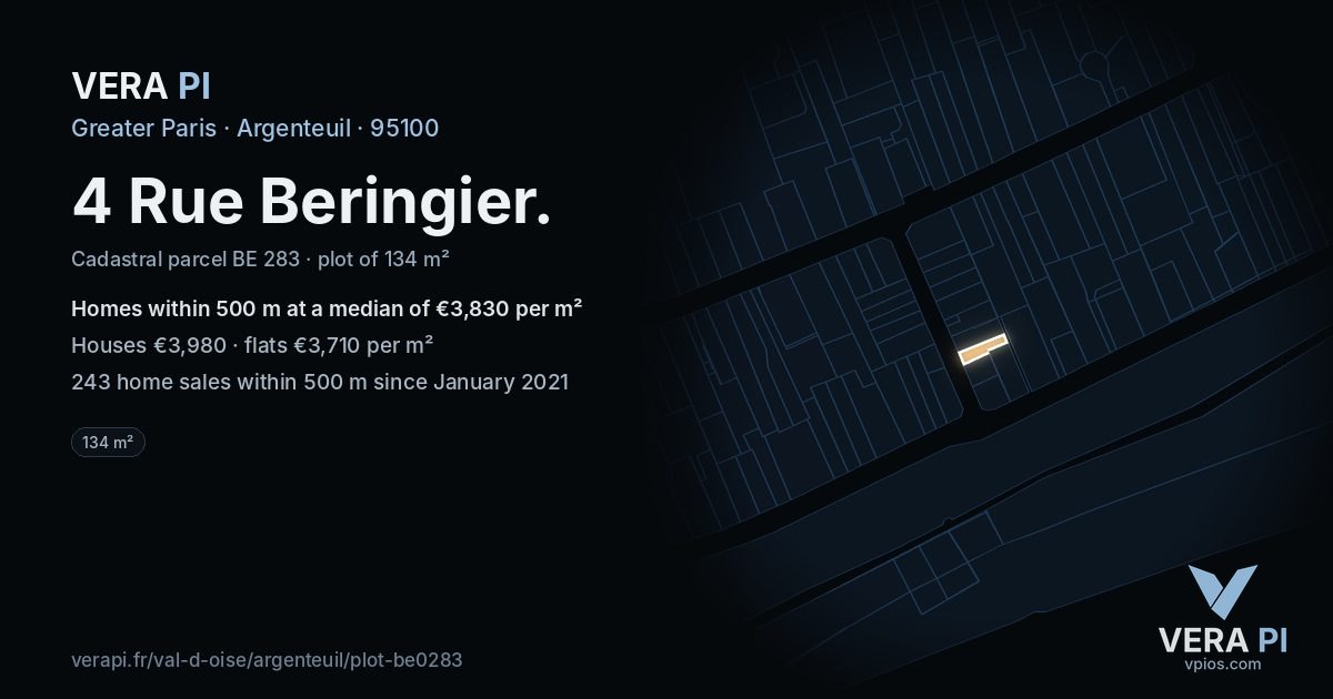 4 Rue Beringier, Argenteuil at night – the plot lit, the parcels around coloured by the prices near them