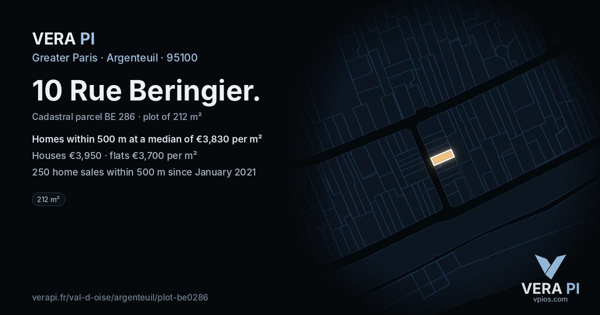 10 Rue Beringier, Argenteuil at night – the plot lit, the parcels around coloured by the prices near them
