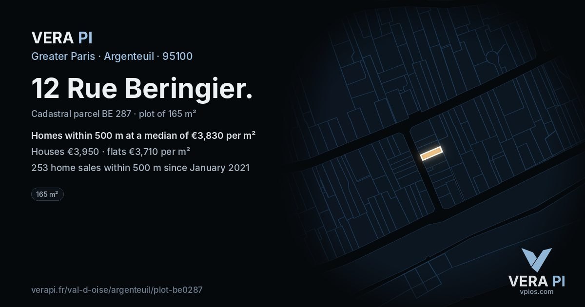 12 Rue Beringier, Argenteuil at night – the plot lit, the parcels around coloured by the prices near them