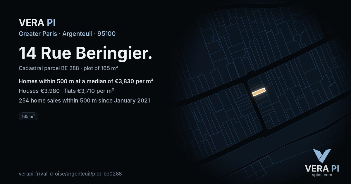14 Rue Beringier, Argenteuil at night – the plot lit, the parcels around coloured by the prices near them