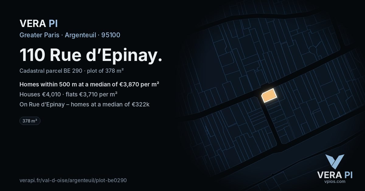 110 Rue d’Epinay, Argenteuil at night – the plot lit, the parcels around coloured by the prices near them