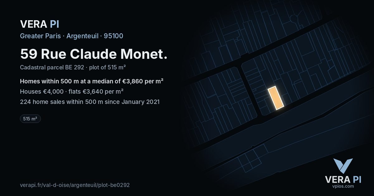 59 Rue Claude Monet, Argenteuil at night – the plot lit, the parcels around coloured by the prices near them