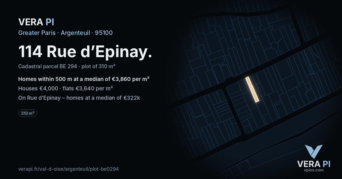 114 Rue d’Epinay, Argenteuil at night – the plot lit, the parcels around coloured by the prices near them